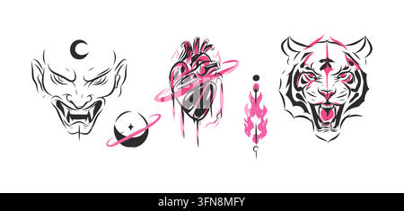 Japanisches Fantasy-Tattoo-Set mit Oni-Maske, anatomischem Herzen, Tiger und himmlischen Symbolen, schwarze und rosa mystische Vektor-Illustrationen Stock Vektor