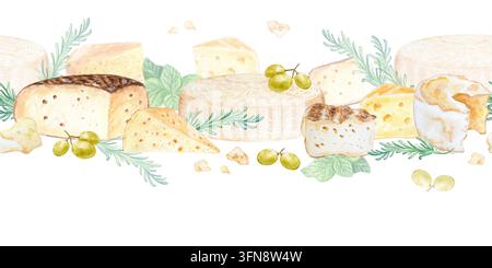 Horizontaler Bannerhintergrund mit Kunstkäse, Trauben, Rosmarin, Minze und Camembert-Rädern. Handgezeichnete Aquarellillustration isoliert auf. Realisti Stockfoto