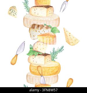 Handgefertigter Käse nahtloses vertikales Bordermuster mit Käseturm, Messern und Kräutern. Handgezeichnete Aquarellillustration isoliert auf. Realistische Details Stockfoto