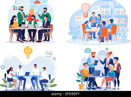 Geschäftsmeeting und Brainstorming-Vektorbegriff, der Teamarbeit in Unternehmen, Bürozusammenarbeit, kreative Planung und Strategiediskussionen zeigt. Stock Vektor