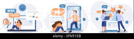 Vektorillustration für Social-Media-Feedback mit positiven Nachrichten, Cybermobbing-Bewusstseinsarbeit, Online-Bewertung und virtueller Kommunikation. Stock Vektor