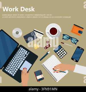 Arbeitsplatz-Flach-Vektor-Illustration mit einer Draufsicht auf einen Laptop, ein Notizblock, einen Taschenrechner, Kreditkarten, eine Kaffeetasse und Zubehör. Stock Vektor
