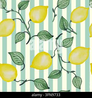Nahtloses Muster mit Aquarell-Zitronen und Blättern auf gestreiftem Hintergrund, Mixed-Media-Sommerfrucht-Illustration für Textil- und Tapetendesign Stockfoto