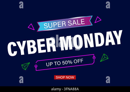 Cyber Monday Super Sale-Banner mit Neon-Stil-Text und fünfzig Prozent Rabatt Stock Vektor