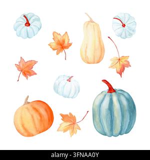 Illustrationen aus einem Aquarell-Herbstset mit Kürbissen und Ahornblättern. Handgezeichnete botanische Clipartsammlung für Thanksgiving, Herbstfeiertage und Rustikal Stockfoto