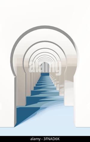 Abstrakte 3D-Architekturvisualisierung mit einem langen Tunnel aus traditionellen islamischen Bögen Stockfoto