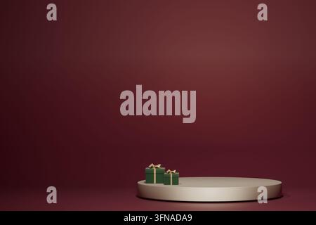 Elegante verpackte Geschenke, die auf einer runden Plattform mit reichlich Platz für Text platziert sind Stockfoto
