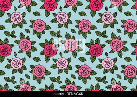 Schönes handgezeichnetes Rosenblumen-Muster ohne Ende als Vektor. Prächtiger flacher Stil rosa und magenta floraler Hintergrund auf hellblauer Kulisse. Perfekt für romantische Verpackungstextilien und Tapeten. Stock Vektor