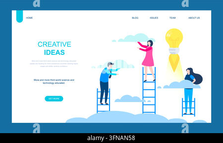 Kreative Ideen-Landingpage-Websitevorlage mit blauem Hintergrund, Geschäftsleute auf Leitern, die nach einer leuchtenden Glühbirnen-Rakete greifen Stock Vektor