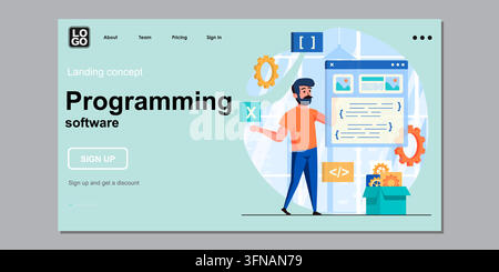 Veganes Landingpage-Vektortemplate in Türkis für Programmier-Software mit einem Entwickler, der mit Code-Fenstern und digitalen Elementen arbeitet Stock Vektor