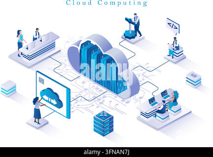 Isometrische Vektor-Illustrationskonzept von Cloud-Computing mit Servern, Datenspeicherung, Datenbankmanagement und Entwicklern, die an Laptops arbeiten Stock Vektor