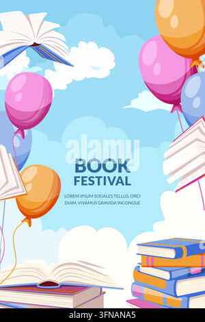 Vektorillustration eines Buchfest-Posters. Flaches Designkonzept mit fliegenden offenen Büchern und Luftballons vor Himmelshintergrund. Kreatives Layout für Bibliothek bo Stock Vektor