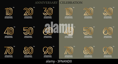Jubiläumsfeier-Logos mit goldenen Umrisszahlen, eleganter Typografie und Firmen-Meilenstein-Badges. Stock Vektor