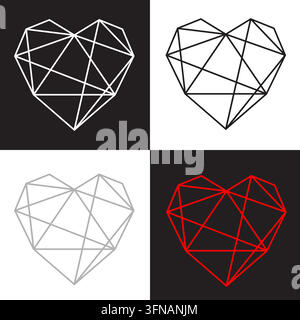 Geometrischer polygonaler Herzen-Vektor-Set mit Origami-Low-Poly-Linien und minimalistischen Liebessymbolen. Stock Vektor