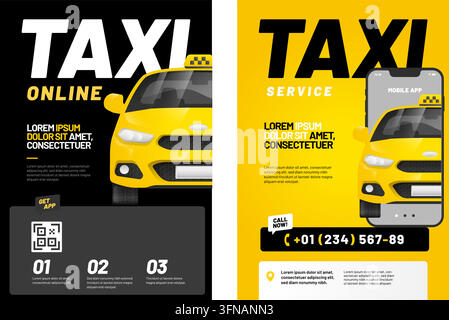Online-Taxi-Service-Vektor-Flieger mit gelber Autoillustration, mobiler Buchungs-App und Kontaktdaten Stock Vektor