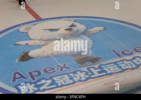 Cartoon-Polarbären-Maskottchen mit Eisklaufschuhen, gedruckt auf einem blauen Kreis auf einer Eisflächenoberfläche Stockfoto