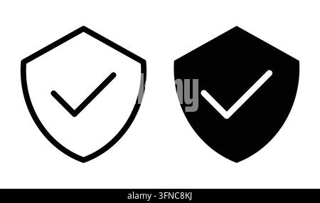 Zwei minimalistische Schild-Icons mit einem Häkchen, eines in Schwarz und das andere in Weiß. Ideal für Sicherheit, Schutz und Zustimmungsthemen im Design. Stock Vektor