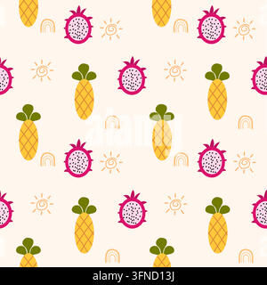 Ananas und Drachenfrucht so niedlich. Auf Sonnen-Regenbogen-Hintergrund. Muster nahtloses Vektor- und Illustrationsdesign. Stock Vektor