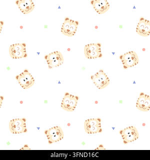 Gesicht Tiger lächelt Cartoon so niedlich. auf geometrischem weißem Hintergrund. nahtloses Muster Vektorillustration. Stock Vektor
