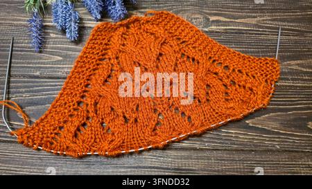 Mehrfarbiger handgestrickter Stoff. Strick- und Häkelunterricht. Mode und Bildung. Schulung für künstliche Intelligenz. Hände im Bild. Stockfoto