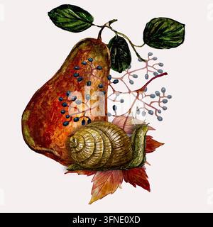 Herbstarrangement mit Schnecke, Birne und Trauben Stockfoto