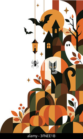 Halloween-Vektor-Hintergrund mit Spukhaus, Geistern, Fledermäusen, Kürbissen, Spinne und weißem Kopierraum, der eine niedliche kreative Halloween-Szene für eine Party schafft Stock Vektor