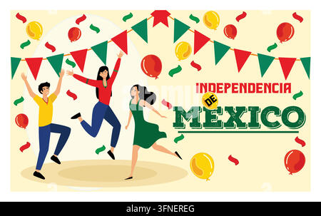 Menschen feiern den mexikanischen Unabhängigkeitstag mit farbenfrohen Dekorationen, Ballons und Luftschlangen. Flache Vektor-Modillustration Stock Vektor