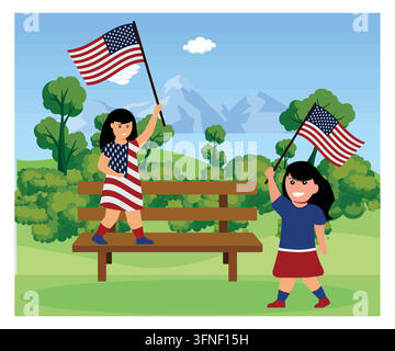 Zwei Kinder genießen einen sonnigen Tag im Freien in einem Park, schwenken enthusiastisch amerikanische Flaggen und verkörpern Freude und Patriotismus während der Unabhängigkeitsfeier Stock Vektor