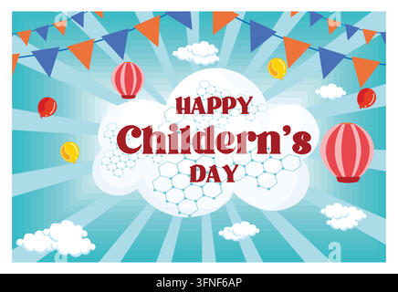 Feiern des Kindertages mit bunten Luftballons, Wimpeln, festlichen Dekorationen und fröhlichen Wolken auf einem hellblauen Hintergrund. Flacher Vektor modern i Stock Vektor