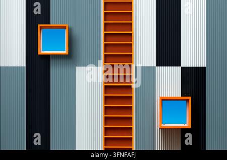 Abstrakte Fassade mit zwei quadratischen Fenstern, einem Muster aus vertikalen Linien, geometrischen Formen und einer Treppe in der Mitte. Stockfoto