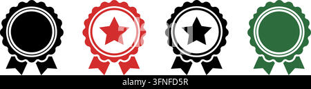 Satz von Auszeichnungsbändern und Medaillen-Icons in Schwarz, Rot, Blau, Grün und Rosa mit Sternsymbolen für Leistung und Qualitätsgarantie Stock Vektor