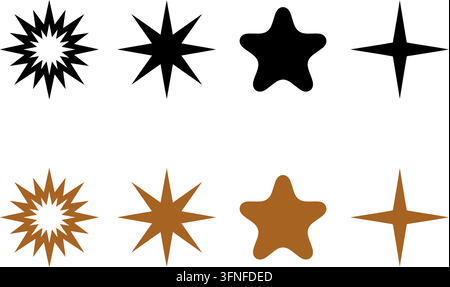 Satz von Stern- und Glitzer-Icons in schwarzen und braunen Farbvarianten mit geometrischen Ausbrüchen und weichen Formen auf einem sauberen weißen Hintergrund Vektorillustration Stock Vektor