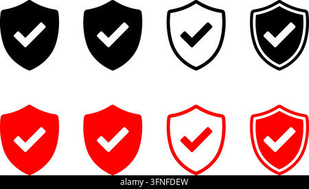 Satz von Schild- und Häkchen-Symbolen in schwarzen und roten Farbvarianten mit Umriss- und Vollgrafikstilen für Cybersicherheit und Benutzeroberflächendesign Stock Vektor