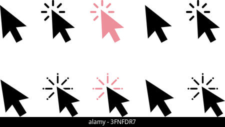 Satz von Mauszeiger- und Klick-Cursor-Symbolen mit schwarzen und rosa Farbvarianten sowie Zeigepfeil- und Klickeffekt-Symbolen für Benutzeroberflächen Stock Vektor