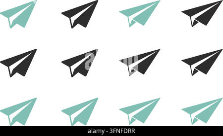 Satz von Papierflugzeug-Ikonen in dunklem Grau und Mintgrün auf weißem Hintergrund Vektorillustration, die das Konzeptdesign für Reisebotschaften darstellt ele Stock Vektor