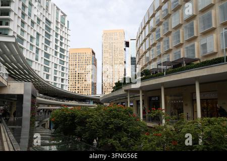 Mexiko-Stadt, Mexiko - 23. August 2026: Erhöhte Ansicht von Einzelhandelsgeschäften und üppigen grünen Blumenbeeten in einem Freiluft-Einkaufsplatz bei Antara Fash Stockfoto