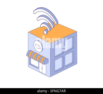 Isometrische Illustration eines einfachen Außencafés mit riesigem Wi-Fi-Schild. Café mit Wi-Fi. Stock Vektor