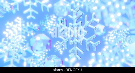 3D-Rendering von Kristallschneeflocken, die vor einem weichen hellblauen Hintergrund mit Bokeh-Lichteffekten schweben. Stockfoto