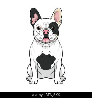 Süße Pied-Französische Bulldogge, die auf weißem Hintergrund isoliert sitzt.  Stock Vektor