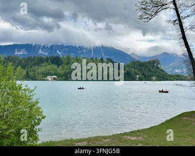 Ruderboote auf dem Bledsee mit der Burg Bled auf ihrem Felsen und den schneebedeckten Karawanken im Hintergrund, Bled, Slowenien Stockfoto
