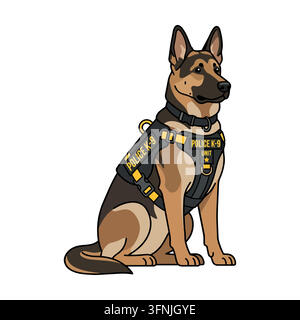 Sitzender Deutscher Schäferhund Polizei K-9 in taktischer Weste mit K-9-Einheitsabzeichen, Vektorillustration isoliert auf weißem Hintergrund. Stock Vektor