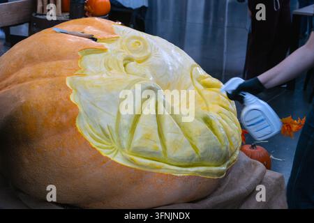 Riesenkürbis wird von einem Künstler während eines Halloween-Festivals in Calgary, Alberta, Kanada geschnitzt. Die aufwendige Schnitzerei zeigt ein dramatisch geschnittenes Gesicht Stockfoto