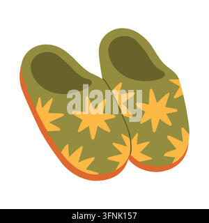 Paar gemütliche grüne Hausschuhe mit Blumenmuster-Vektorillustration. Ideal für Hygge-Herbst-Lebensstil-Designs, Stay-at-Home-Konzepte, Aufkleber Stock Vektor
