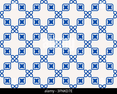 Nahtloses Vektormuster mit blauen geometrischen Ornamenten und Blumenmotiven auf weißem Hintergrund, inspiriert von klassischen mediterranen Keramikfliesen Stock Vektor