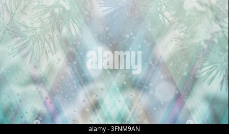 Schneebedeckte Kiefernzweige rahmen einen kühlen, blaugrünen abstrakten Hintergrund mit geometrischem Muster, leuchtenden Lichtern und fallenden Schneeeffekten. Stockfoto