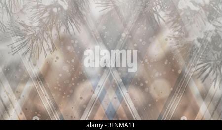 Frosted Kiefernzweige überlagert auf einem klassischen karierten Tartanstoffmuster mit weichen Schnee-Bokeh-Effekten. Stockfoto