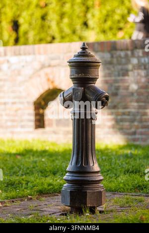 Eine Nahaufnahme eines alten, verzierten schwarzen Metallhydranten, der auf einem Gehweg installiert ist. Er ist von grünem Gras umgeben mit einer verwitterten Ziegelmauer und sof Stockfoto