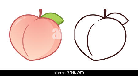 Cartoon-Pfirsich-Zeichnung, Farb- und Schwarz-Weiß-Linienkunst-Ikone. Einfache Vektor-Clip-Art-Illustration. Stock Vektor