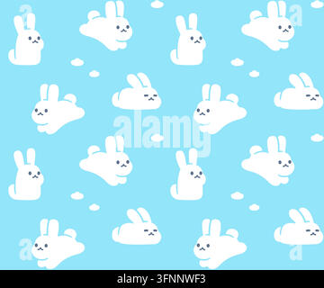 Niedliches Cartoon-Kaninchenmuster auf blauem Hintergrund, Babyjungen-Farbe. Einfache, bezaubernde handgezeichnete weiße Häschen in verschiedenen Posen. Vektorillustration. Stock Vektor