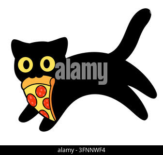 Schwarze Katze rennt mit Pizzaschnittchen im Maul davon. Lustige Cartoon-Zeichnung, niedliche und einfache Vektor-Clipart-Illustration. Stock Vektor